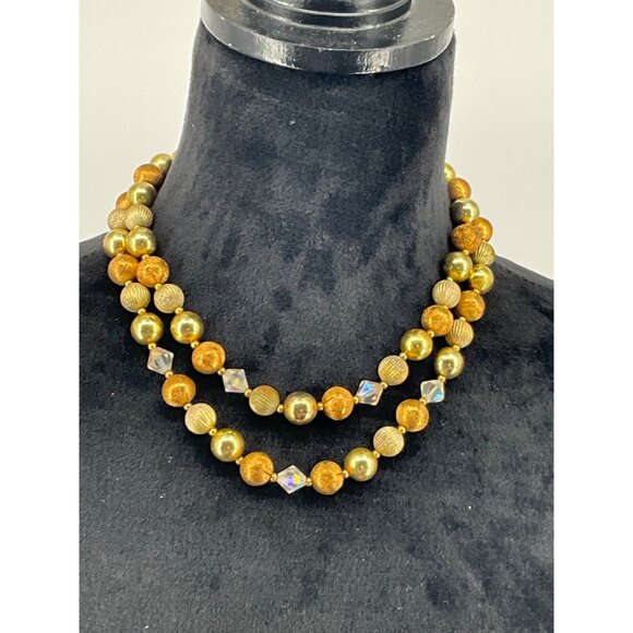 Vintage Lisner Gold-Tone Double Strand Necklace With Textured Beads & Faceted Ac - Picture 1 of 4